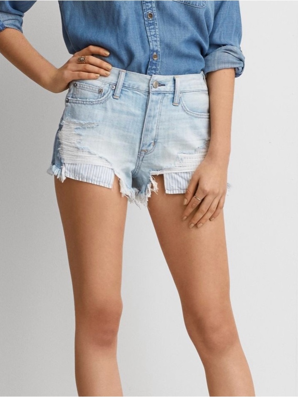 American Eagle Outfitters Light Blue Distressed Denim Shorts with Striped Liner